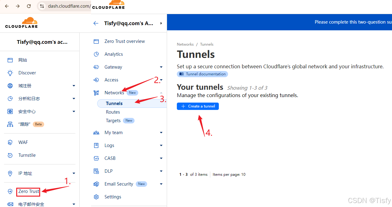 进入Cloudflare零信任控制台，并点击Create Tunnel